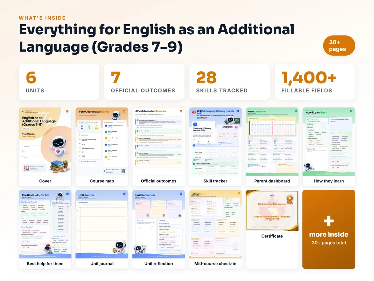 What's inside the English as an Additional Language (Grades 7–9) workbook — checklist, skills tracker, reflections, parent pages and certificate