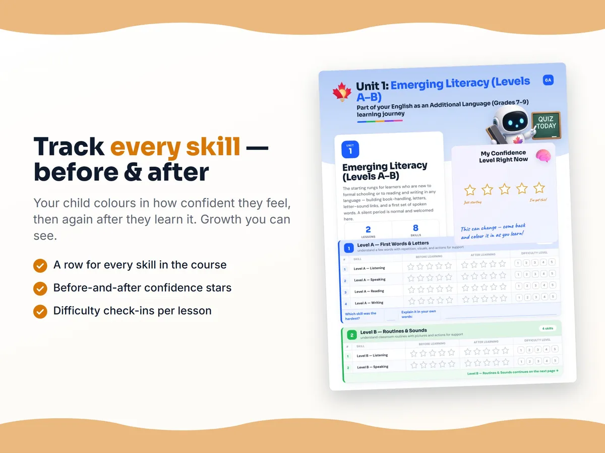 Student self-assessment tracker — before and after confidence rating for each English as an Additional Language (Grades 7–9) skill