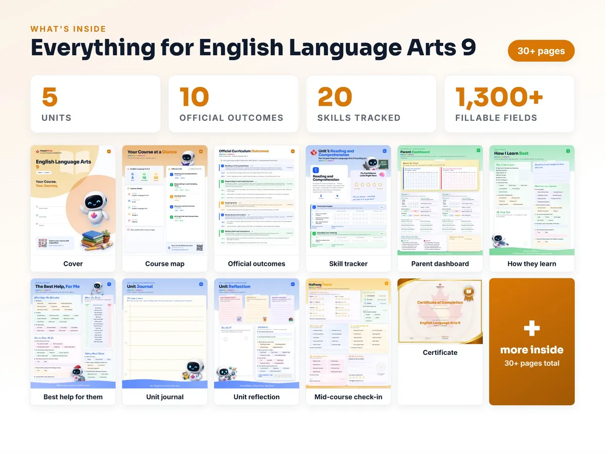 What's inside the English Language Arts 9 workbook — checklist, skills tracker, reflections, parent pages and certificate