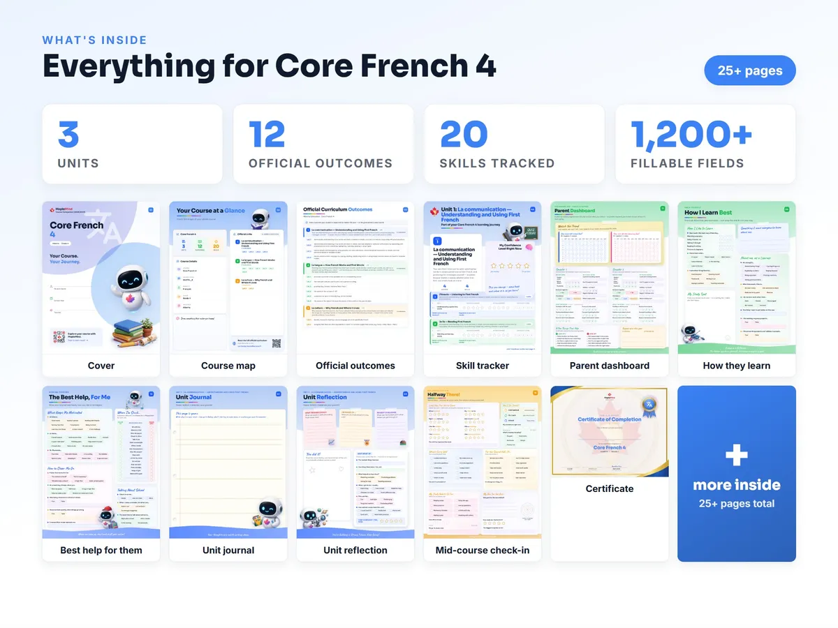 What's inside the Core French 4 workbook — checklist, skills tracker, reflections, parent pages and certificate