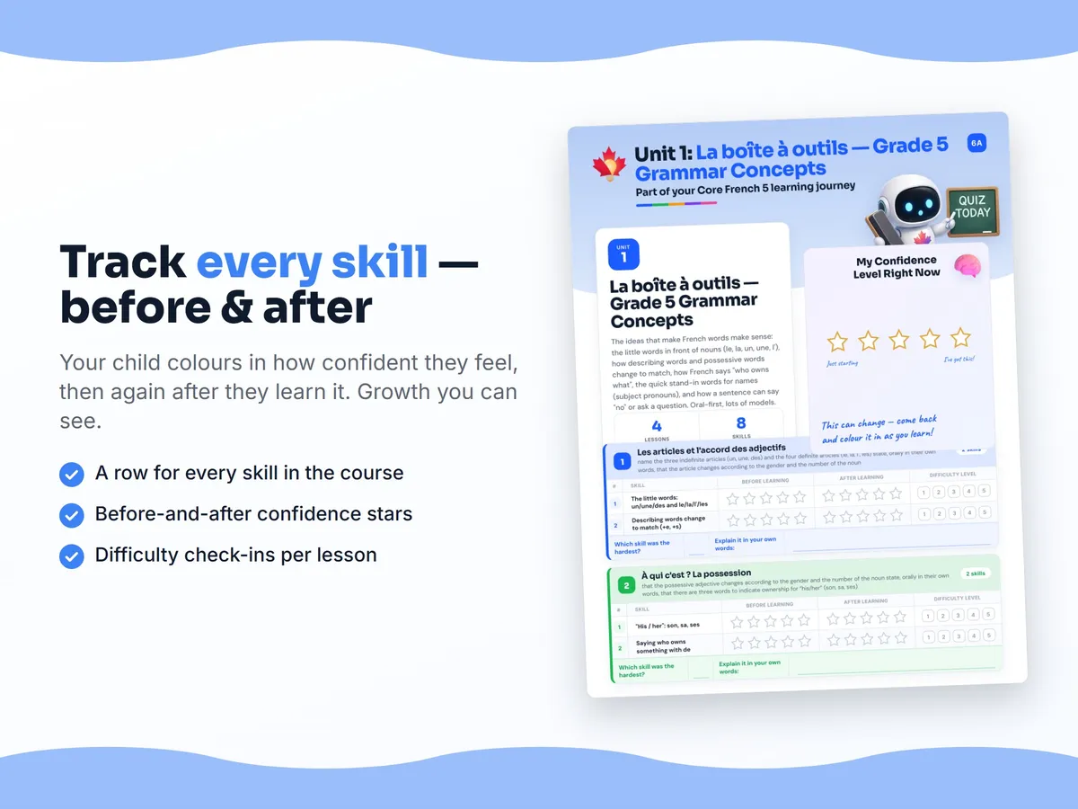 Student self-assessment tracker — before and after confidence rating for each Core French 5 skill