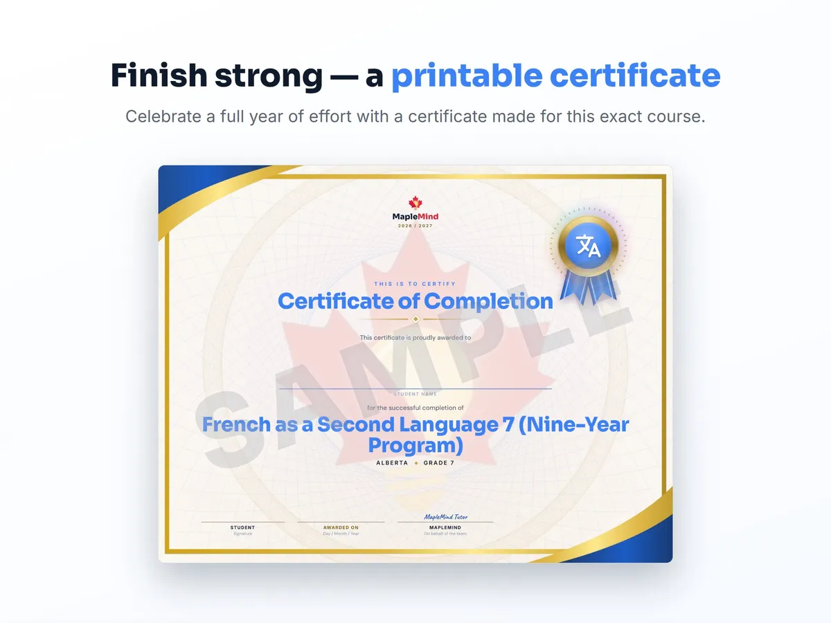 Printable certificate of completion for French as a Second Language 7 (Nine-Year Program) — end of year student award
