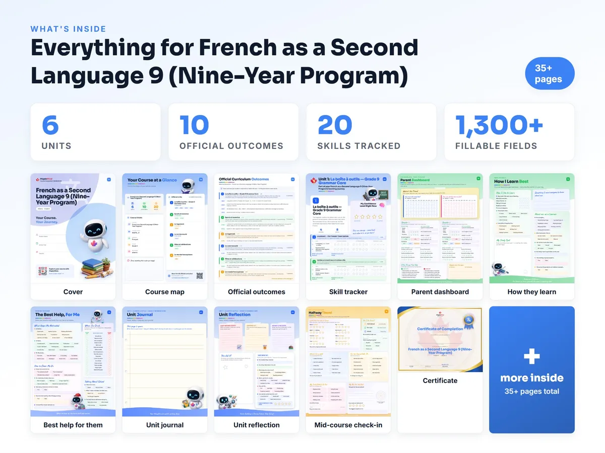 What's inside the French as a Second Language 9 (Nine-Year Program) workbook — checklist, skills tracker, reflections, parent pages and certificate