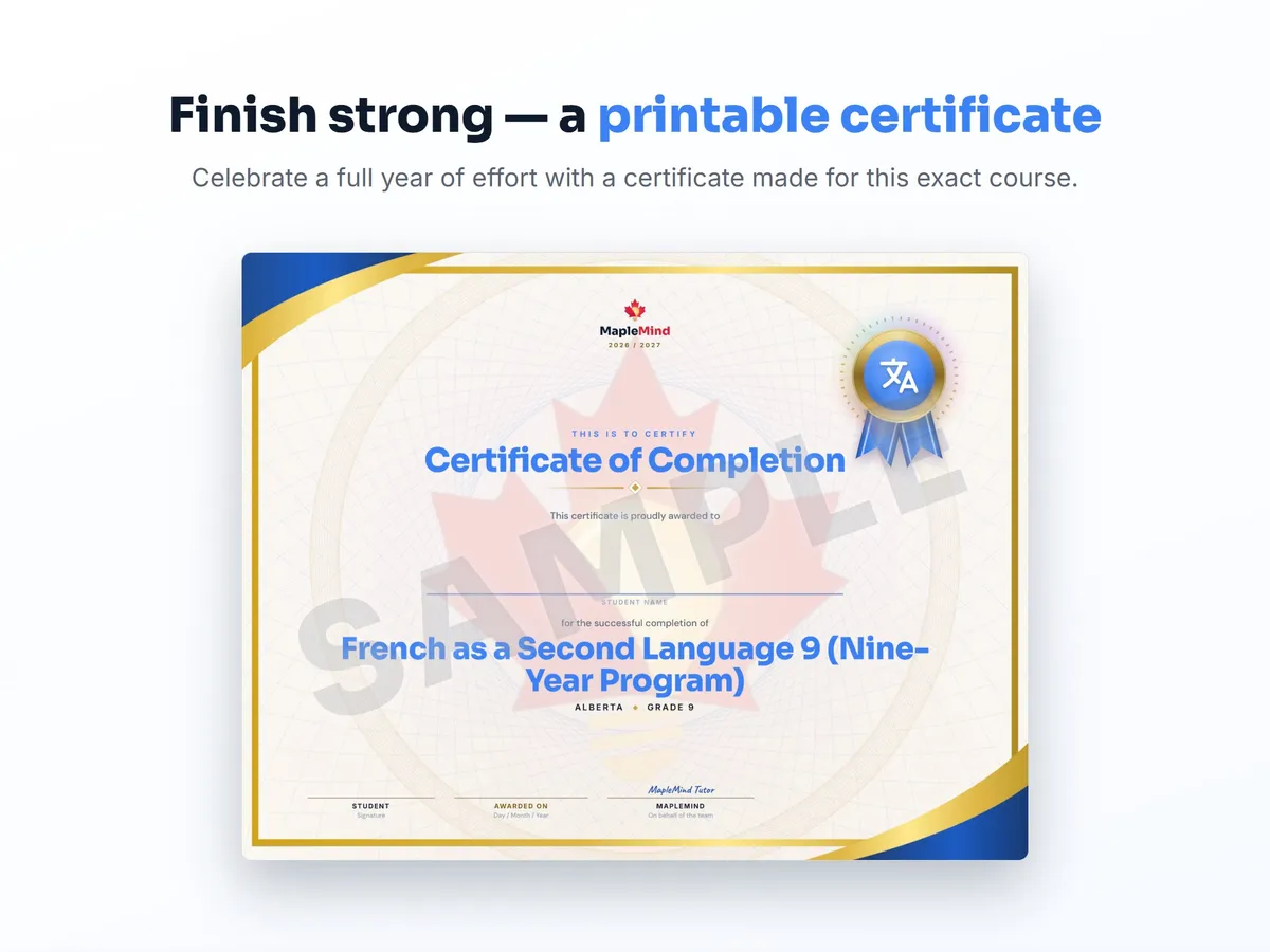 Printable certificate of completion for French as a Second Language 9 (Nine-Year Program) — end of year student award