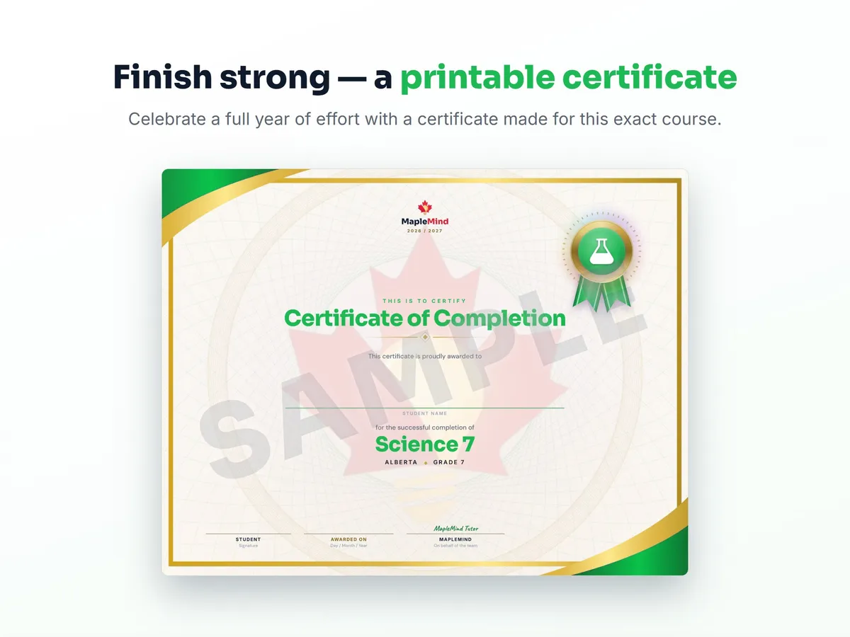 Printable certificate of completion for Science 7 — end of year student award