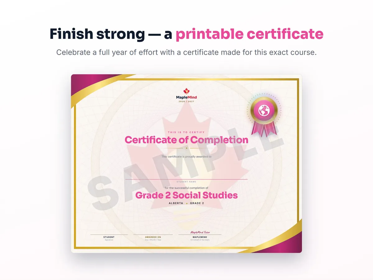 Printable certificate of completion for Grade 2 Social Studies — end of year student award