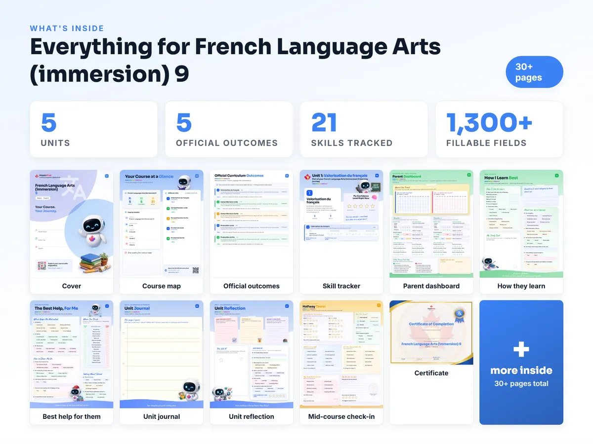 What's inside the French Language Arts (immersion) 9 workbook — checklist, skills tracker, reflections, parent pages and certificate