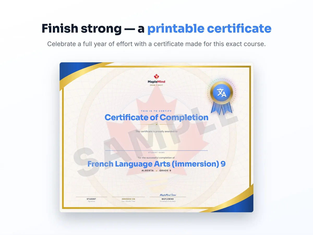 Printable certificate of completion for French Language Arts (immersion) 9 — end of year student award