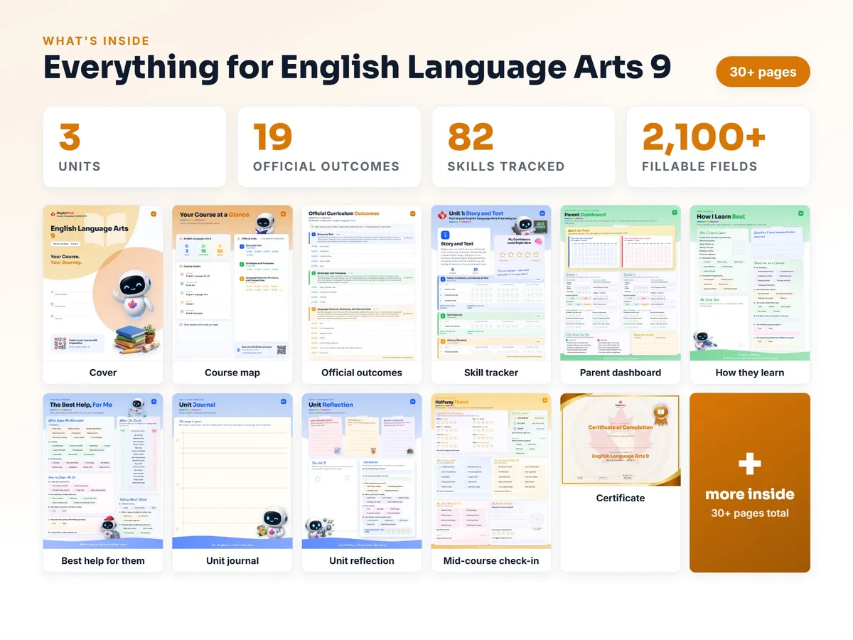 What's inside the English Language Arts 9 workbook — checklist, skills tracker, reflections, parent pages and certificate