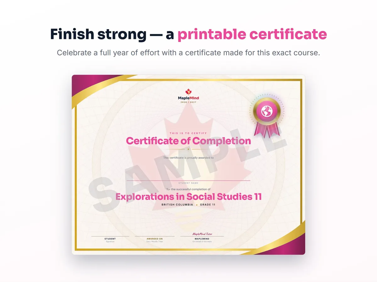 Printable certificate of completion for Explorations in Social Studies 11 — end of year student award