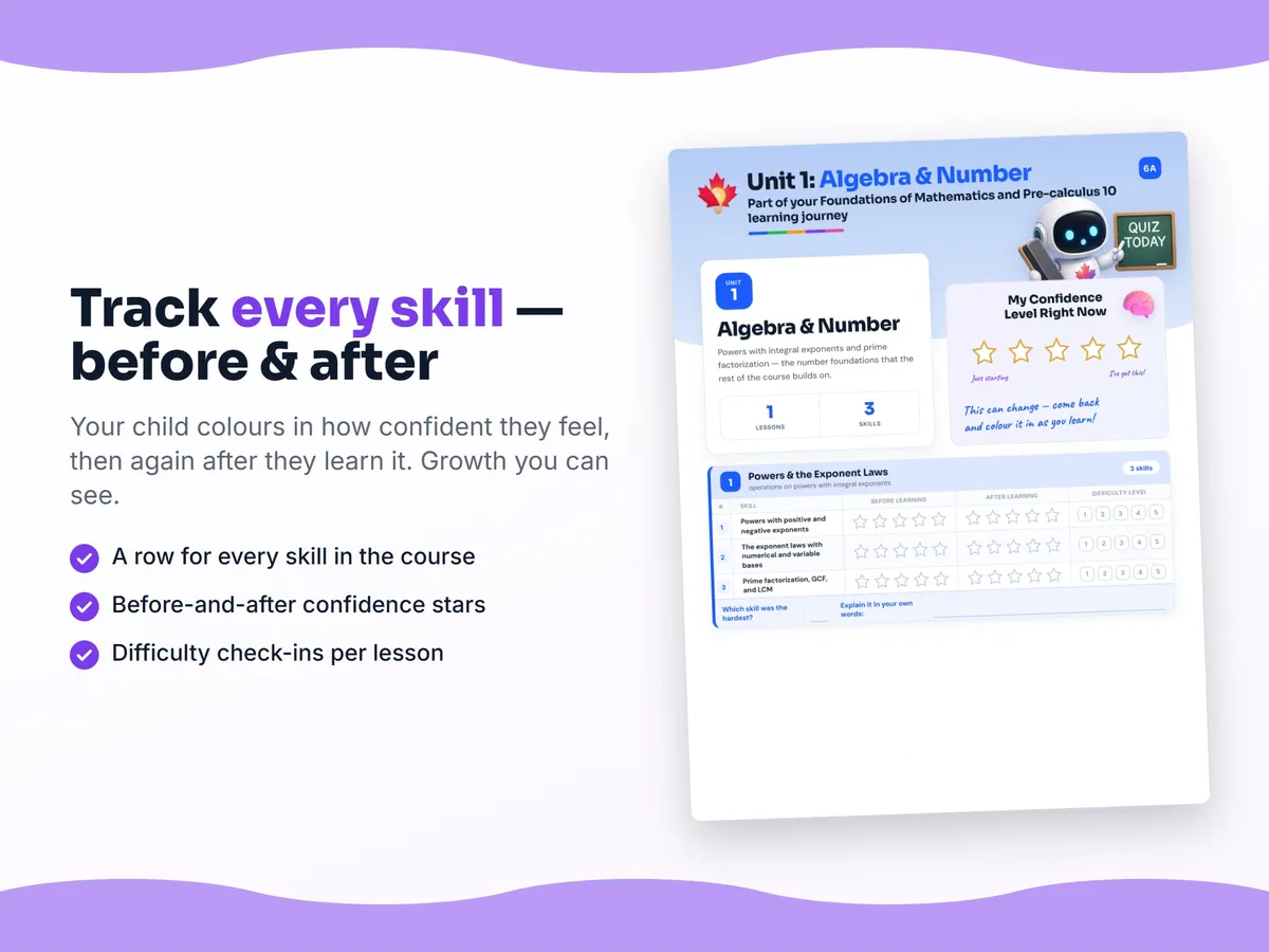 Student self-assessment tracker — before and after confidence rating for each Foundations of Mathematics and Pre-calculus 10 skill