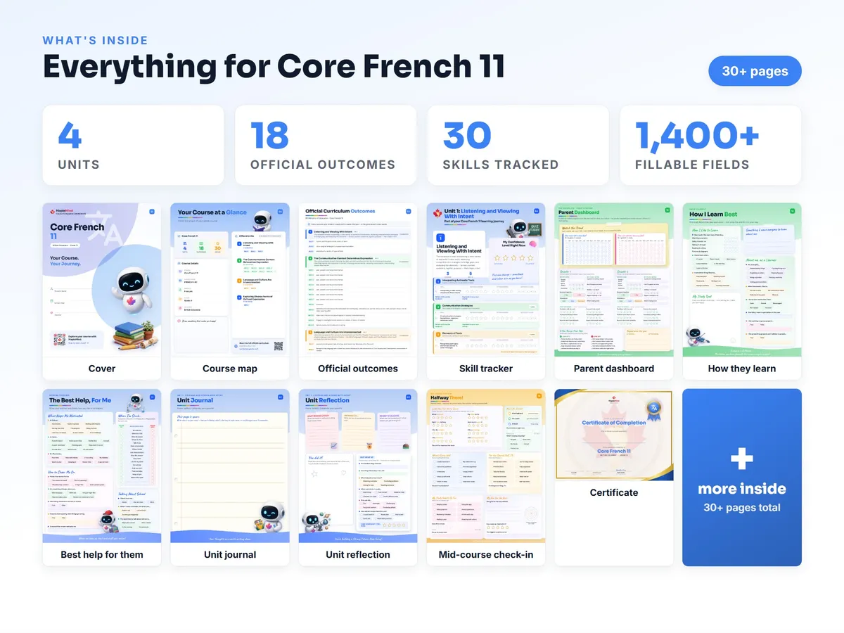 What's inside the Core French 11 workbook — checklist, skills tracker, reflections, parent pages and certificate