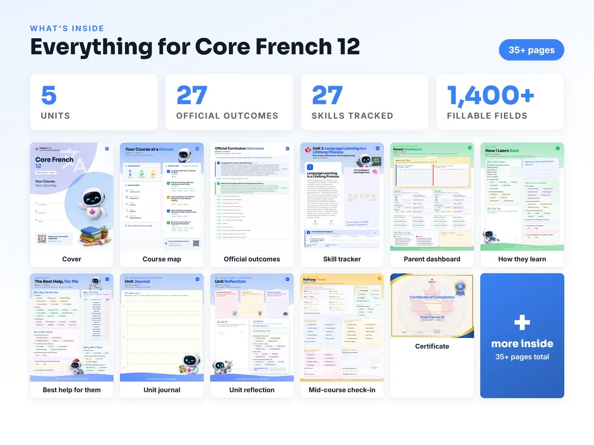 What's inside the Core French 12 workbook — checklist, skills tracker, reflections, parent pages and certificate