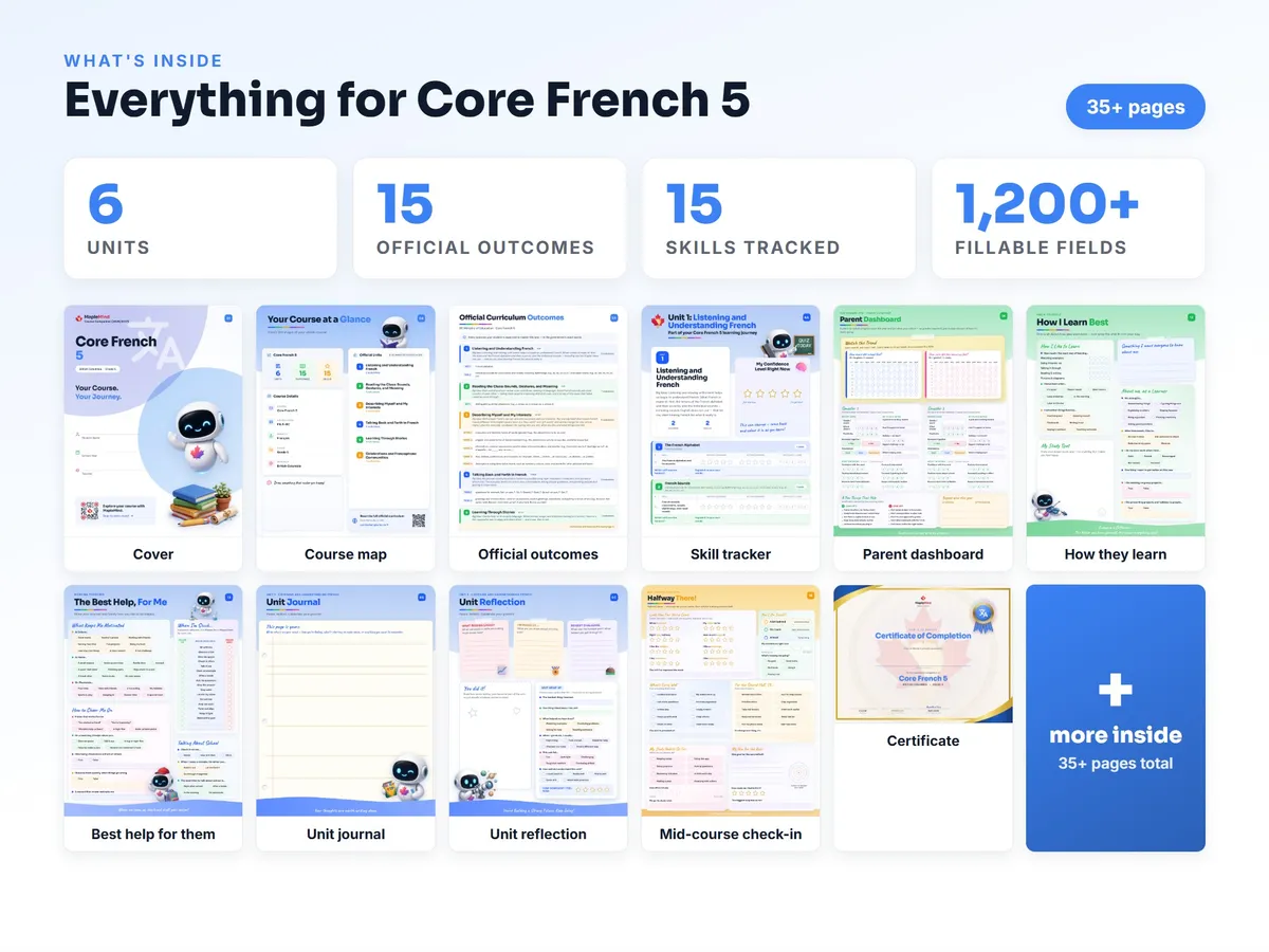What's inside the Core French 5 workbook — checklist, skills tracker, reflections, parent pages and certificate