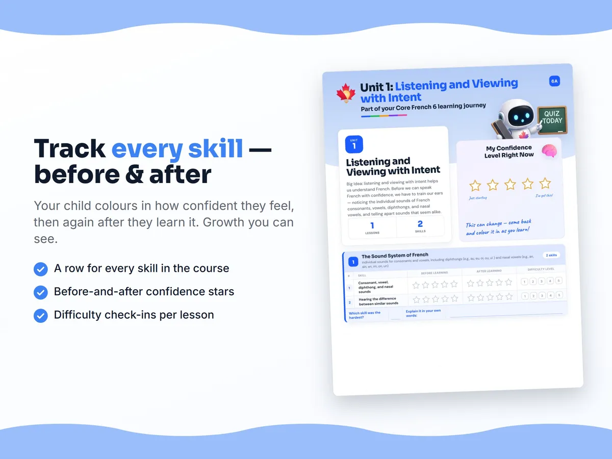 Student self-assessment tracker — before and after confidence rating for each Core French 6 skill