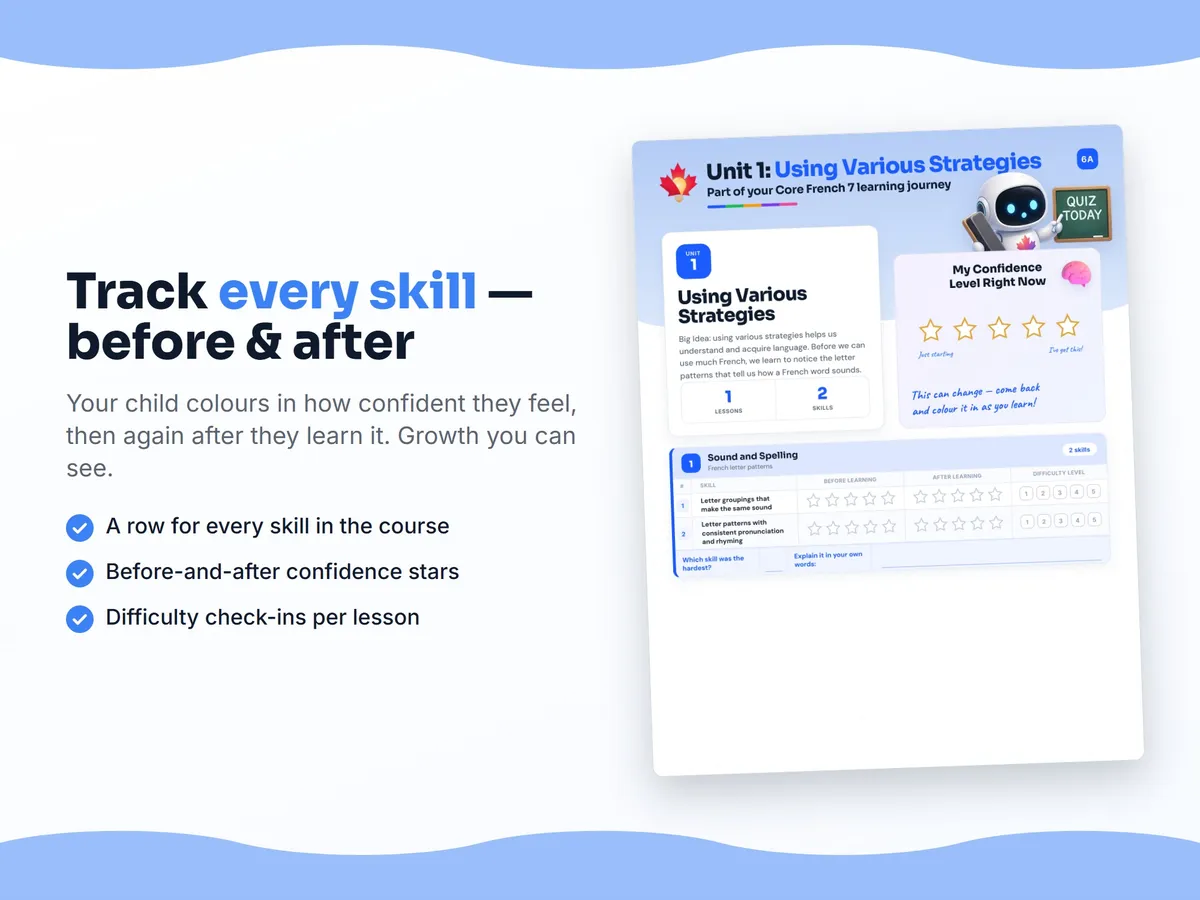 Student self-assessment tracker — before and after confidence rating for each Core French 7 skill