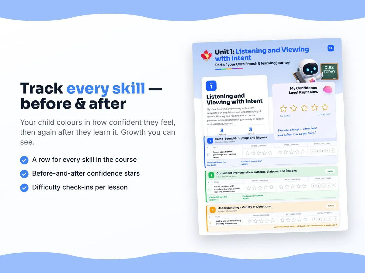 Student self-assessment tracker — before and after confidence rating for each Core French 8 skill