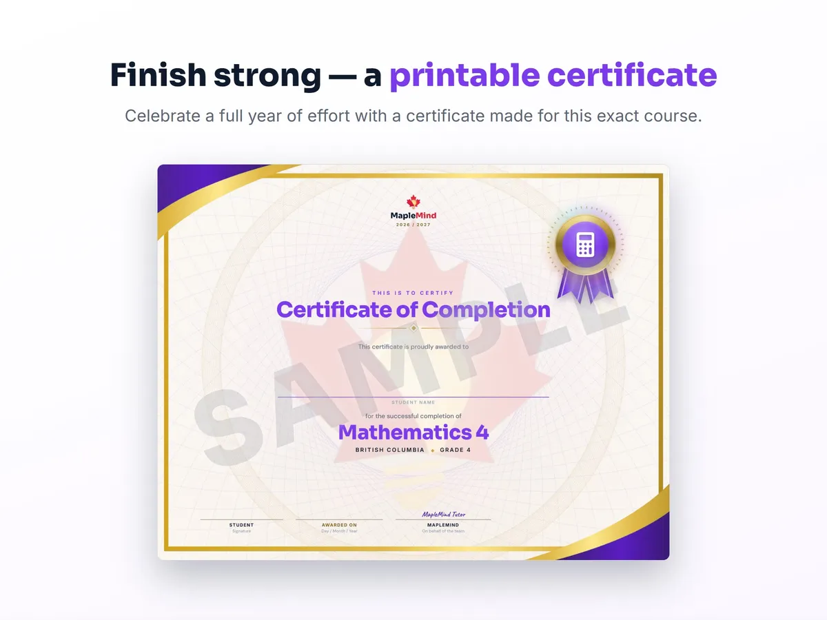 Printable certificate of completion for Mathematics 4 — end of year student award
