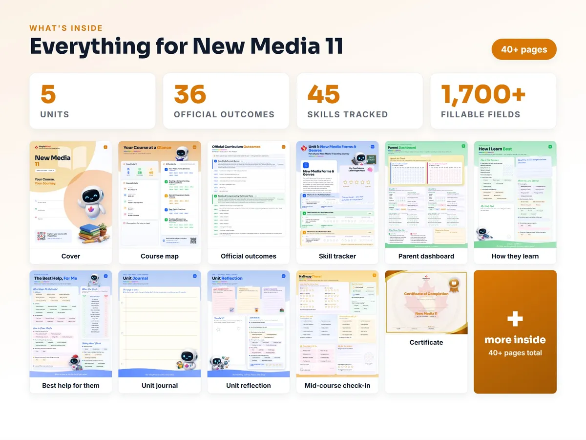 What's inside the New Media 11 workbook — checklist, skills tracker, reflections, parent pages and certificate