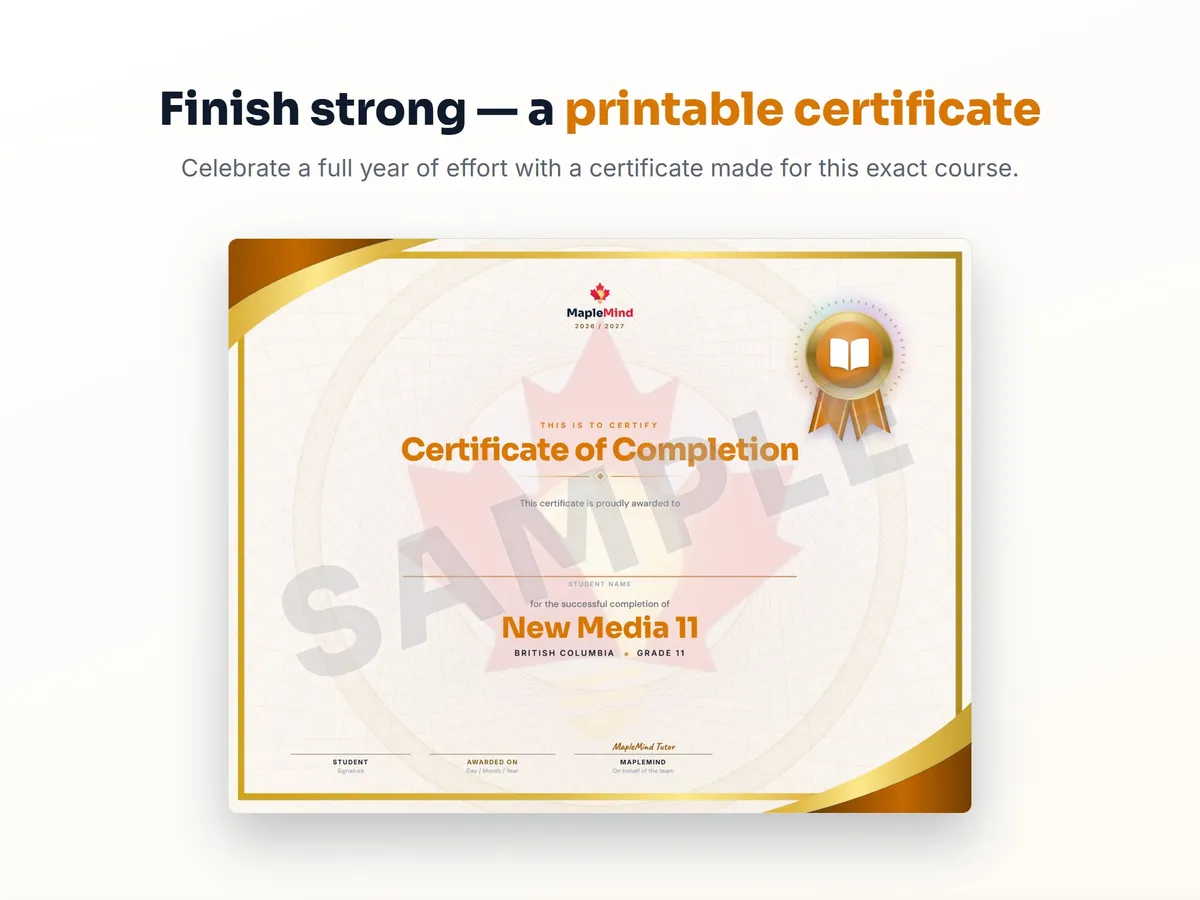 Printable certificate of completion for New Media 11 — end of year student award