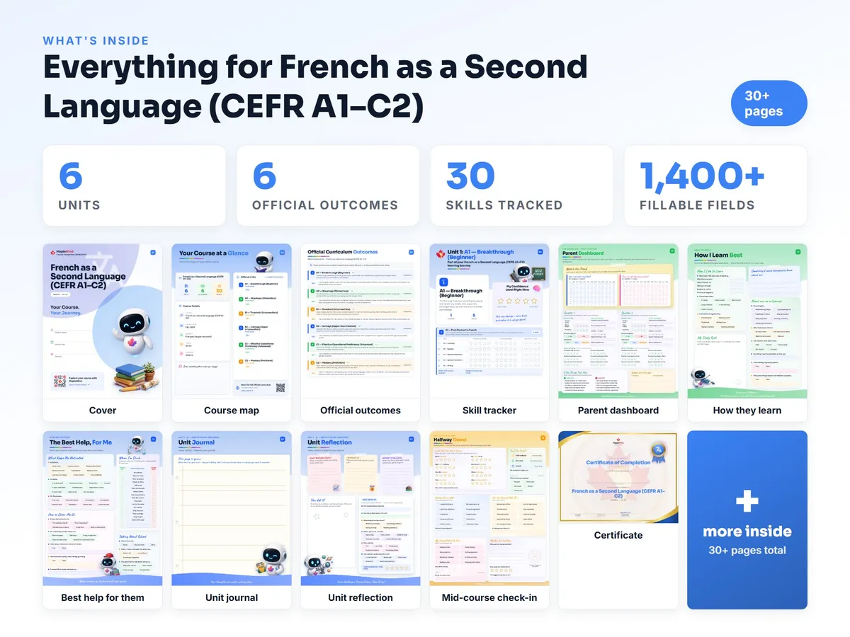 What's inside the French as a Second Language (CEFR A1–C2) workbook — checklist, skills tracker, reflections, parent pages and certificate