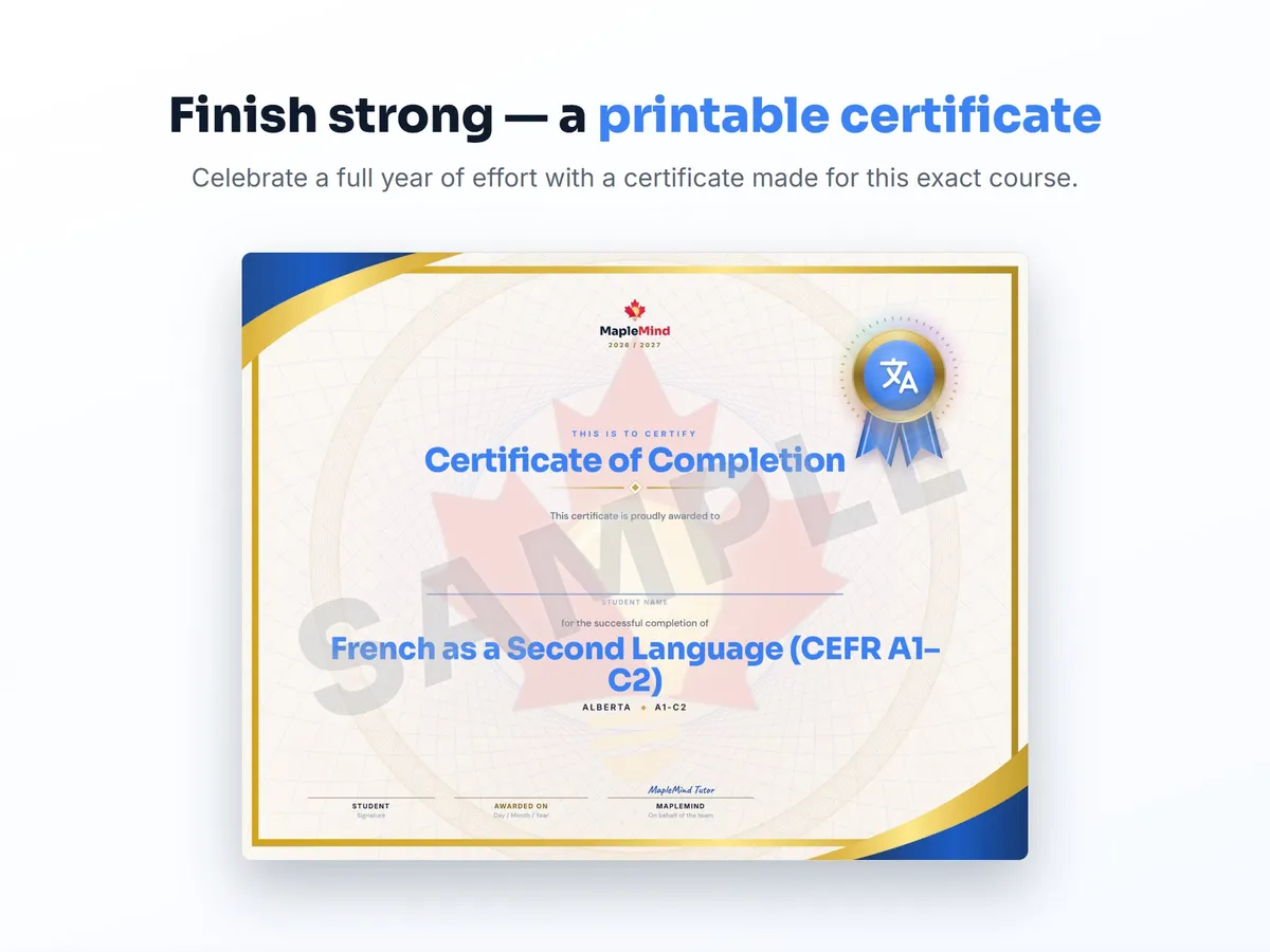 Printable certificate of completion for French as a Second Language (CEFR A1–C2) — end of year student award