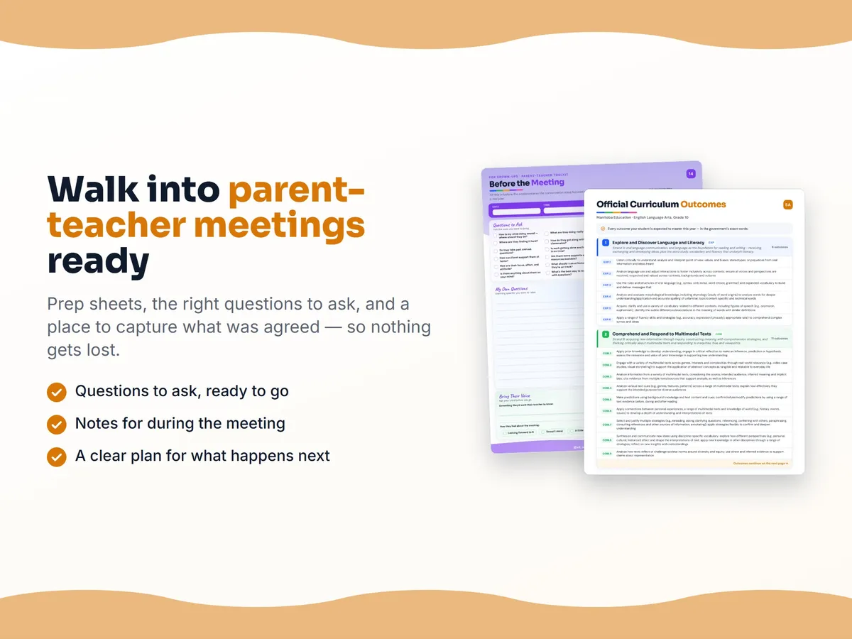 Parent-teacher conference form — the questions to ask and space for what you agreed, for English Language Arts, Grade 10