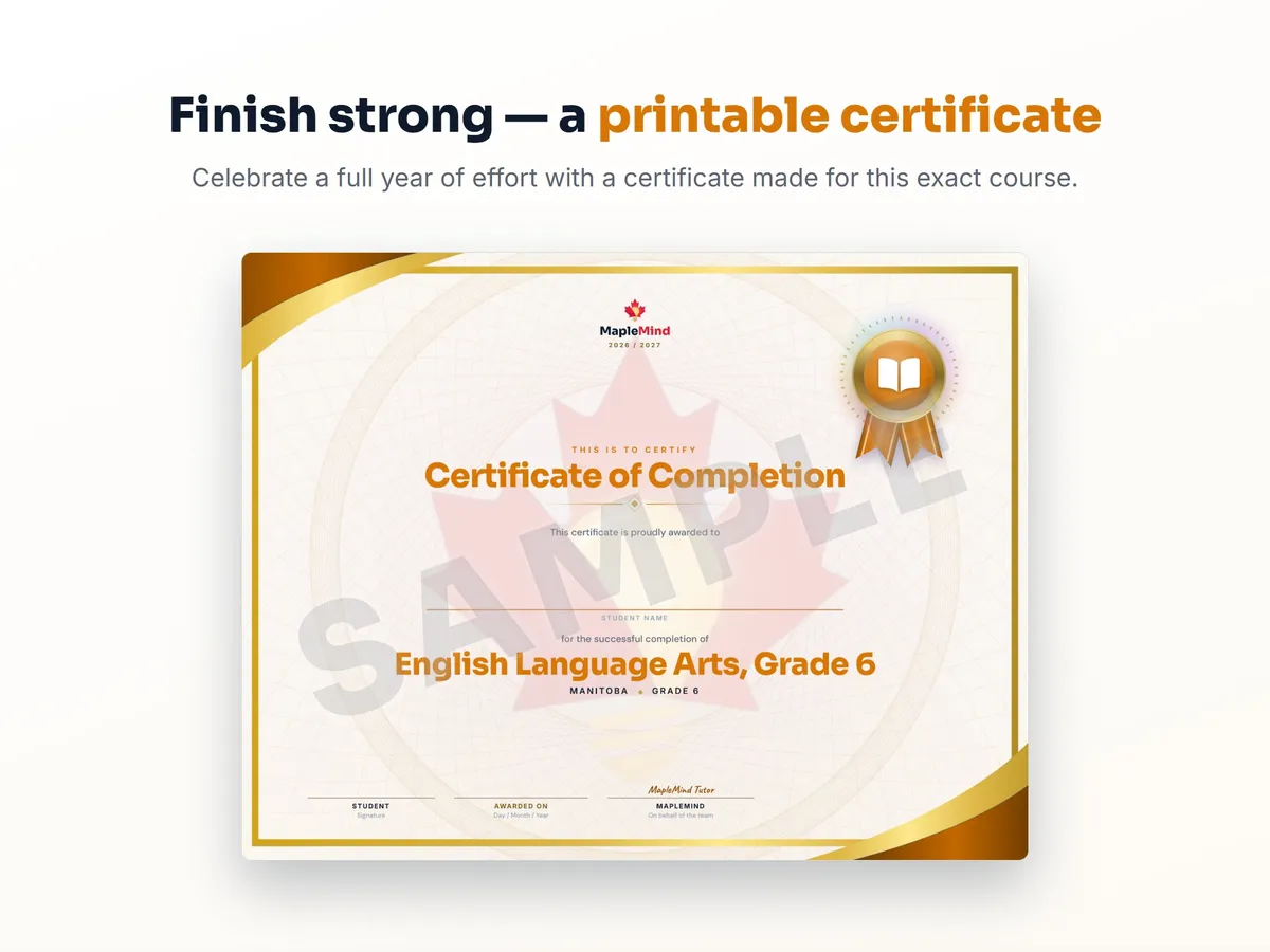 Printable certificate of completion for English Language Arts, Grade 6 — end of year student award
