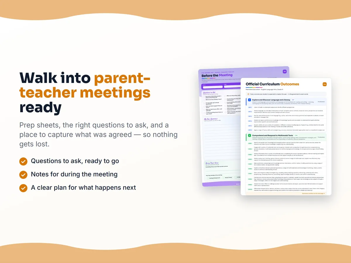 Parent-teacher conference form — the questions to ask and space for what you agreed, for English Language Arts, Grade 9