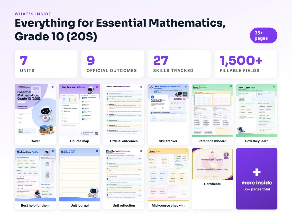 What's inside the Essential Mathematics, Grade 10 (20S) workbook — checklist, skills tracker, reflections, parent pages and certificate