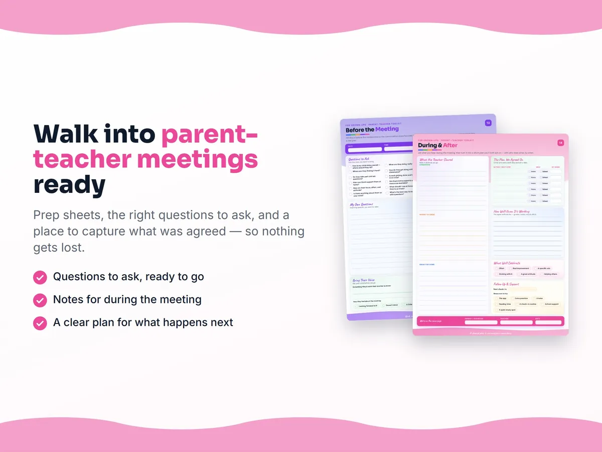 Parent-teacher conference form — the questions to ask and space for what you agreed, for Social Studies, Grade 1