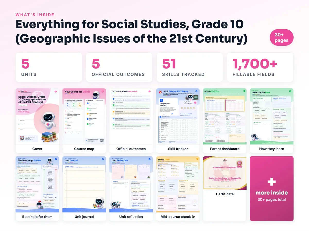 What's inside the Social Studies, Grade 10 (Geographic Issues of the 21st Century) workbook — checklist, skills tracker, reflections, parent pages and certificate
