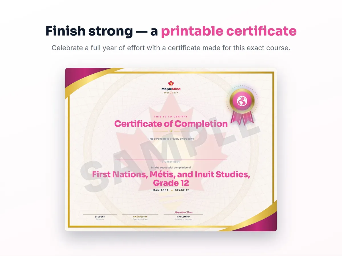 Printable certificate of completion for First Nations, Métis, and Inuit Studies, Grade 12 — end of year student award