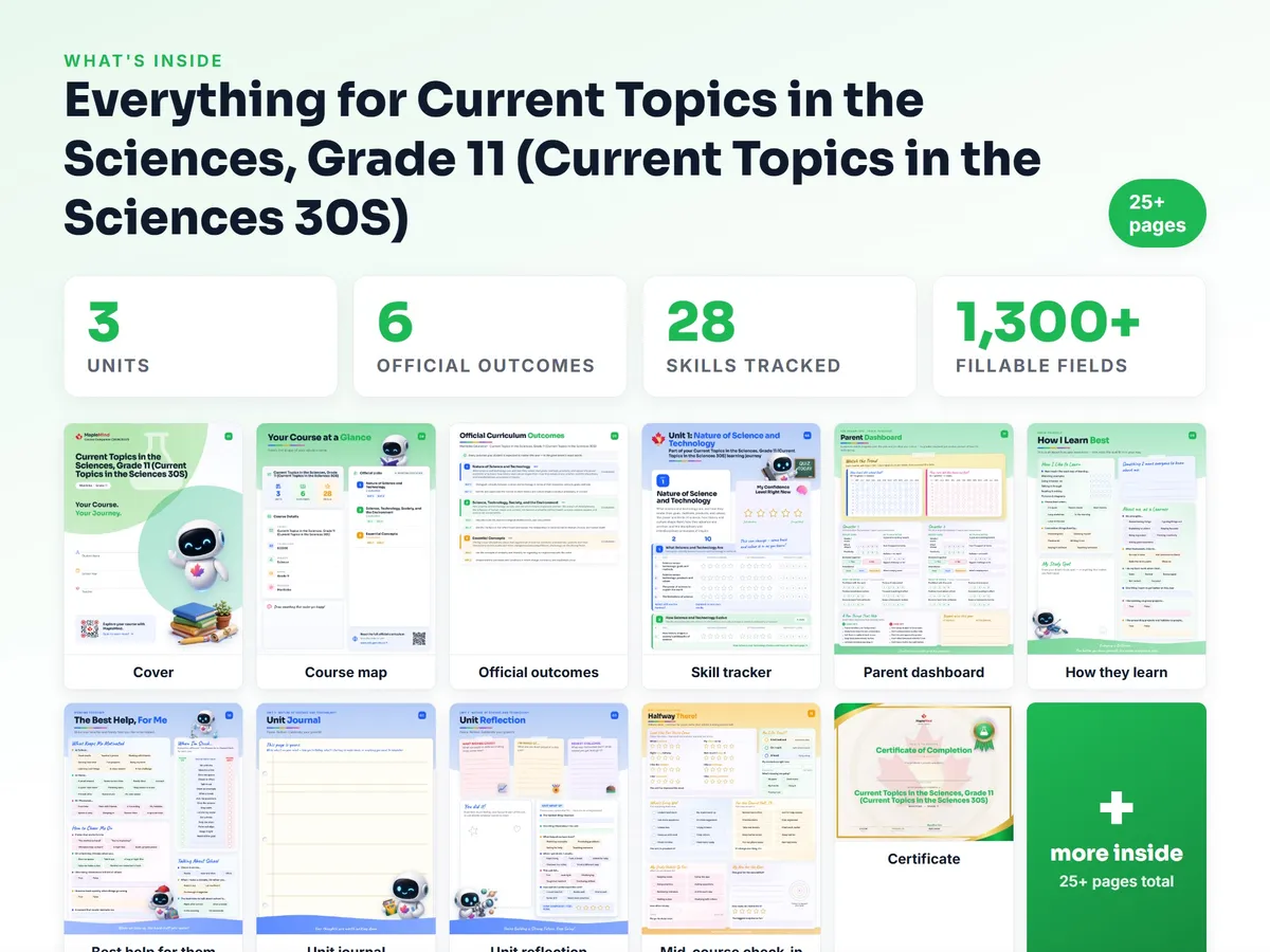 What's inside the Current Topics in the Sciences, Grade 11 (Current Topics in the Sciences 30S) workbook — checklist, skills tracker, reflections, parent pages and certificate