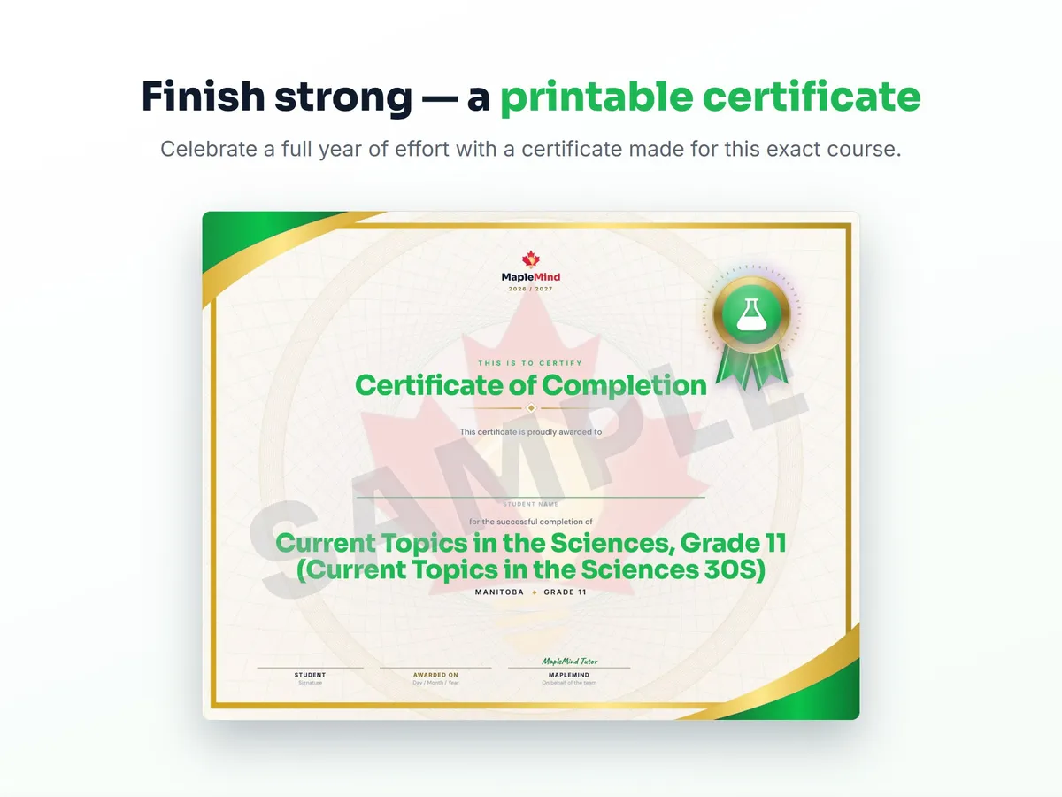 Printable certificate of completion for Current Topics in the Sciences, Grade 11 (Current Topics in the Sciences 30S) — end of year student award