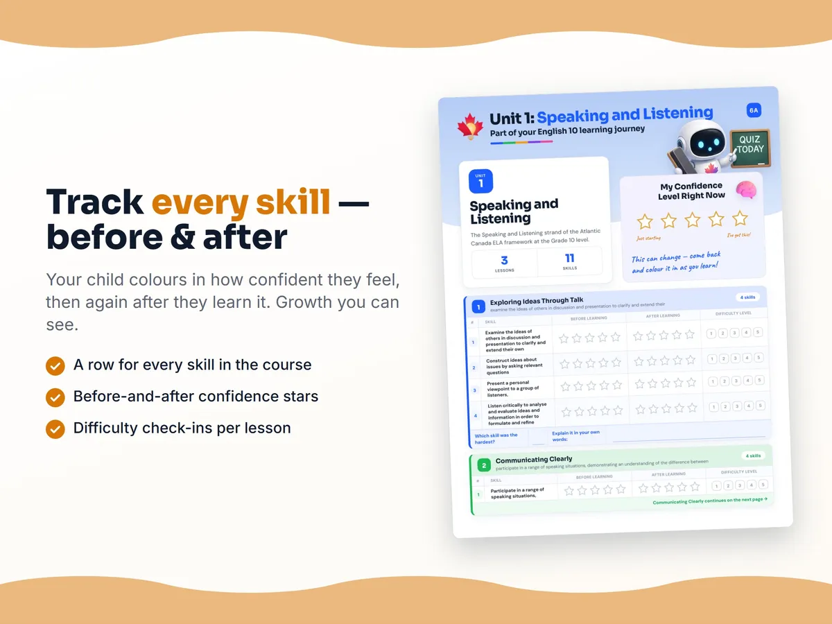 Student self-assessment tracker — before and after confidence rating for each English 10 skill