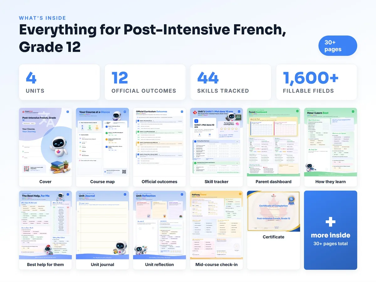 What's inside the Post-Intensive French, Grade 12 workbook — checklist, skills tracker, reflections, parent pages and certificate