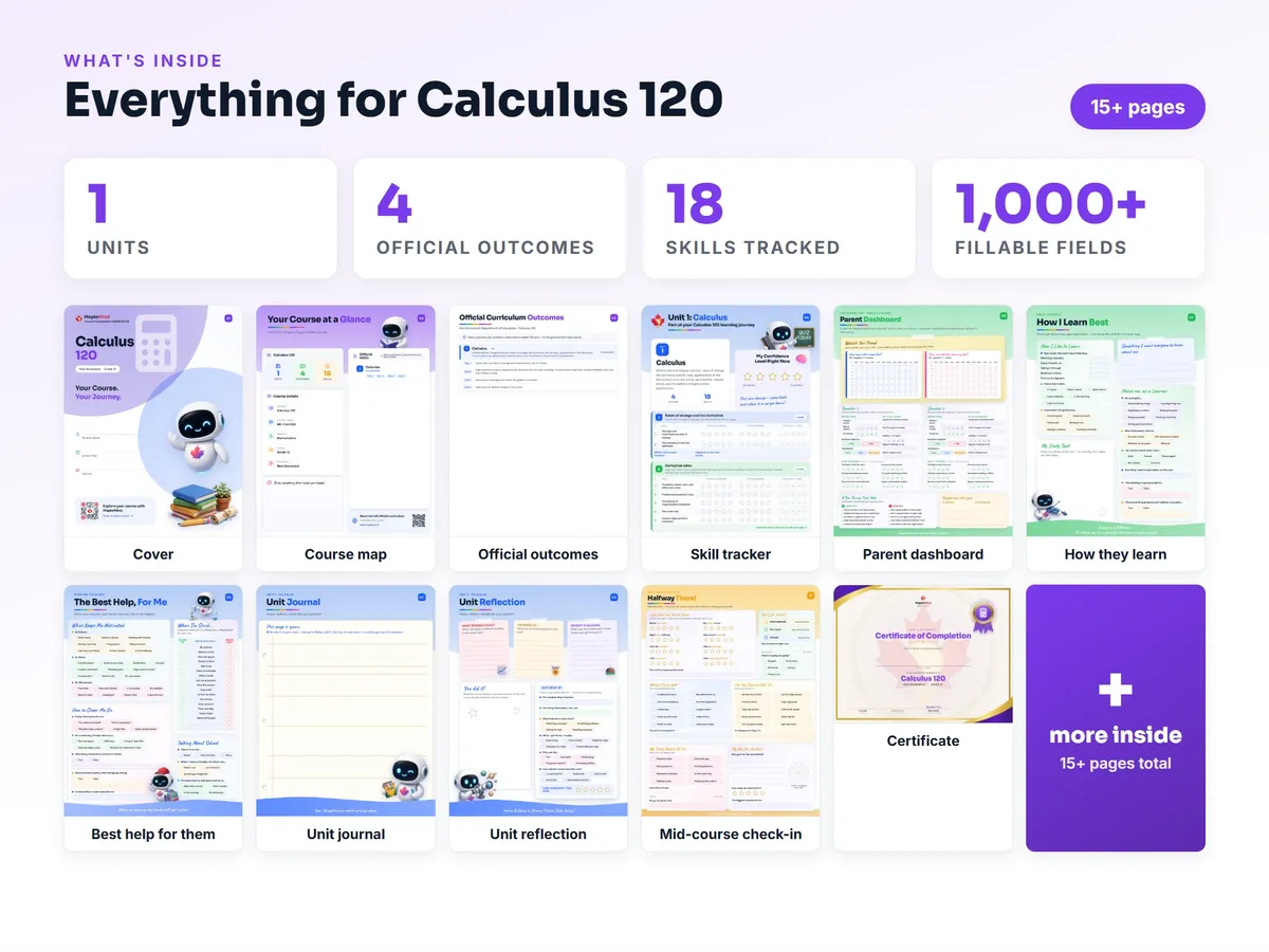 What's inside the Calculus 120 workbook — checklist, skills tracker, reflections, parent pages and certificate
