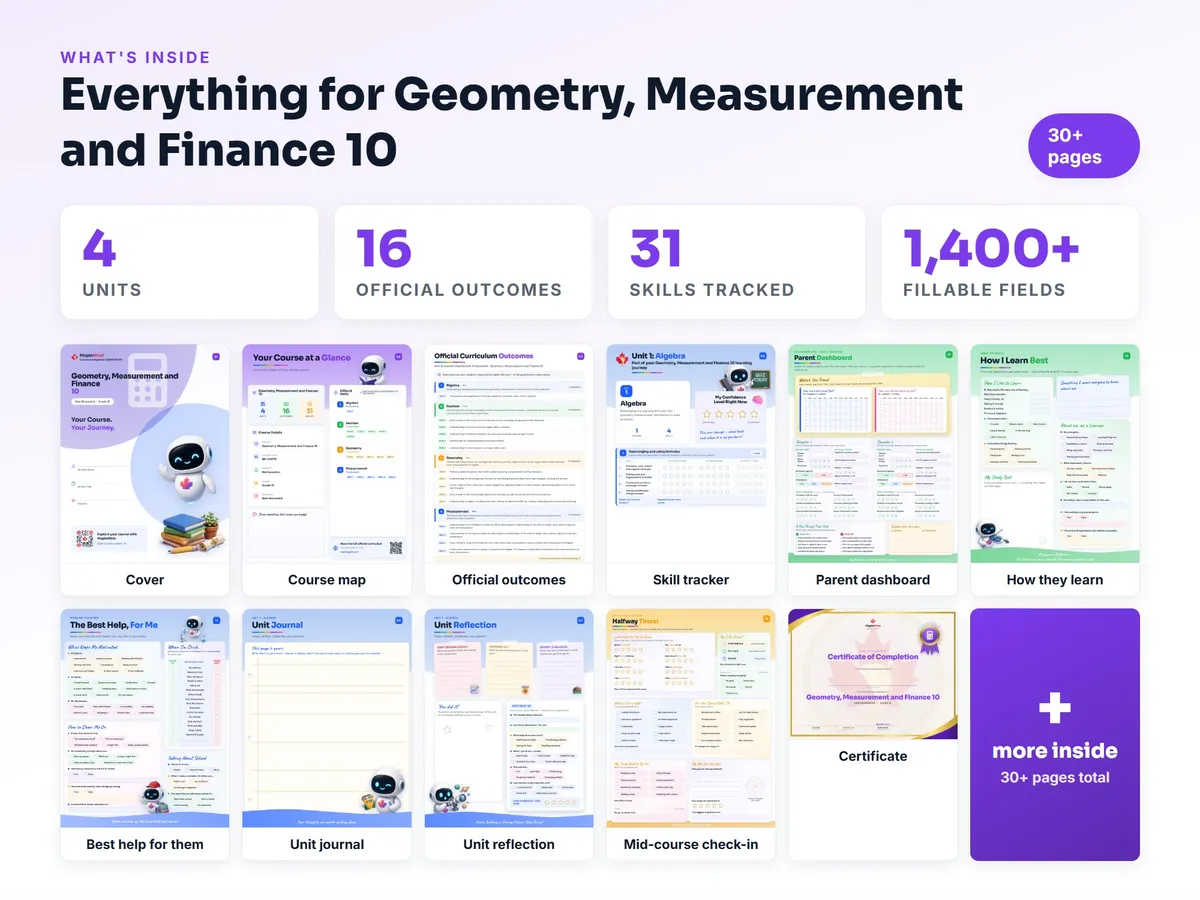 What's inside the Geometry, Measurement and Finance 10 workbook — checklist, skills tracker, reflections, parent pages and certificate
