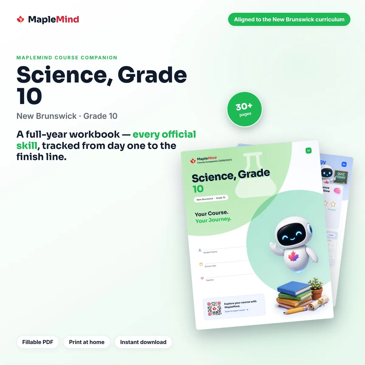 Science, Grade 10 New Brunswick student workbook and progress tracker — fillable PDF cover
