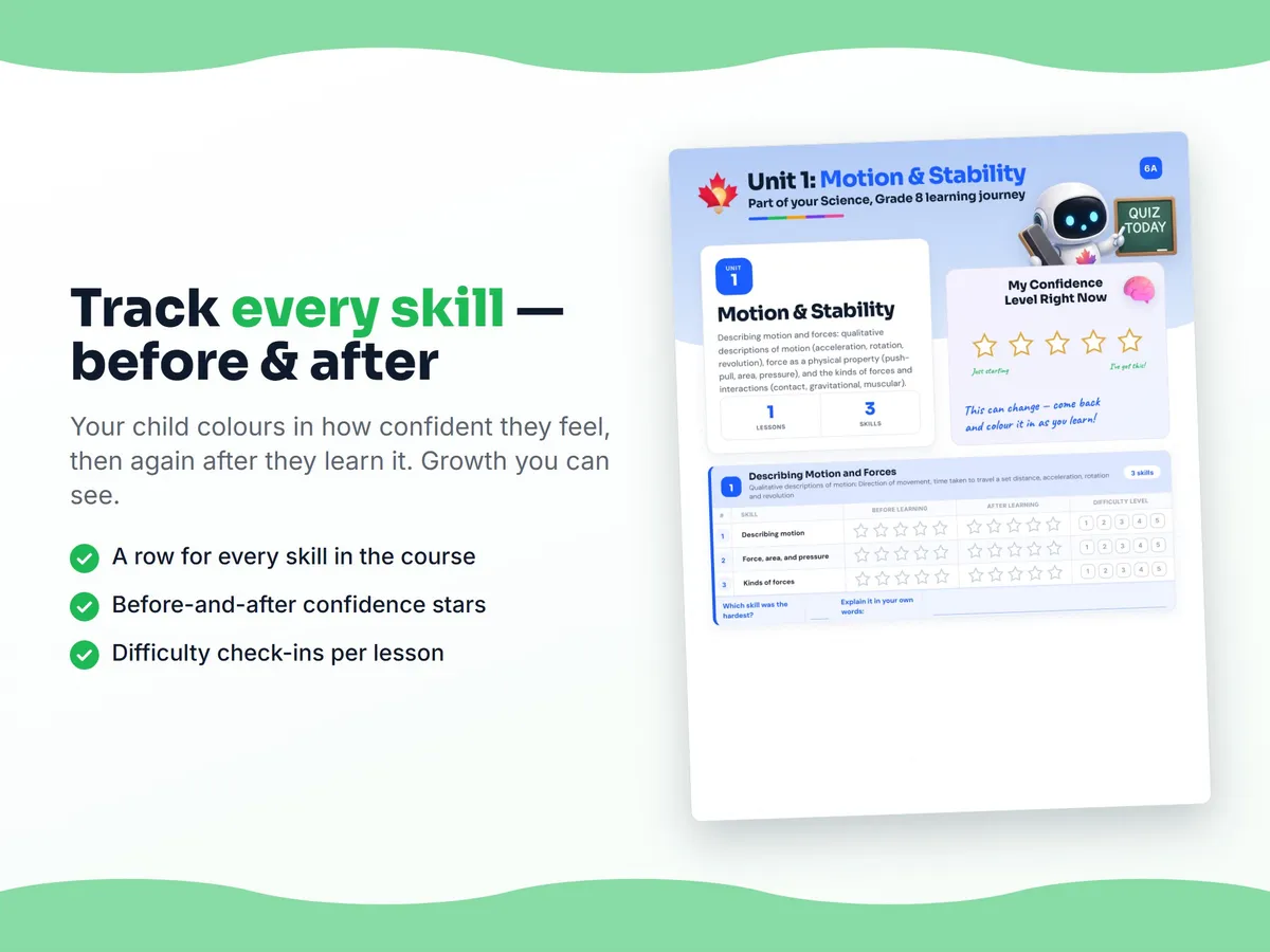 Student self-assessment tracker — before and after confidence rating for each Science, Grade 8 skill