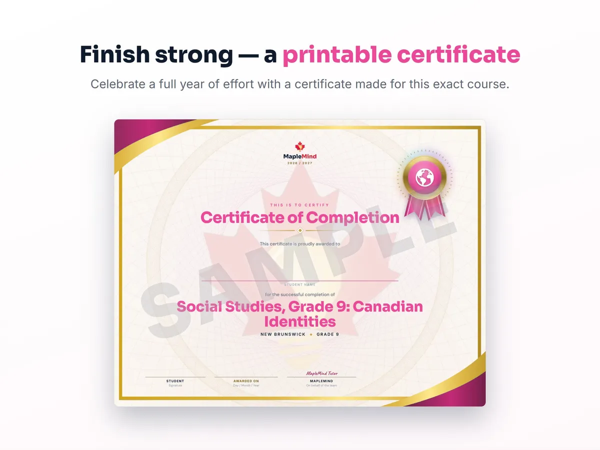 Printable certificate of completion for Social Studies, Grade 9: Canadian Identities — end of year student award