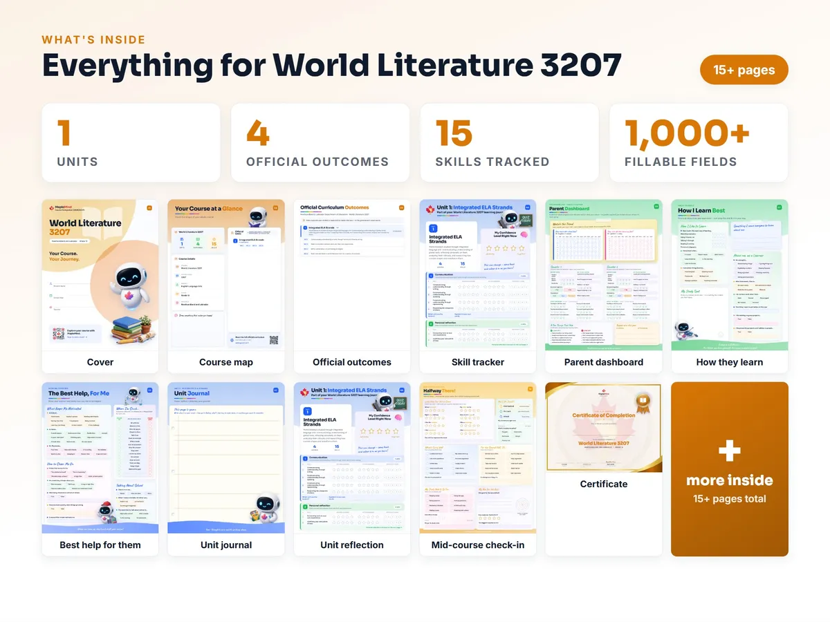 What's inside the World Literature 3207 workbook — checklist, skills tracker, reflections, parent pages and certificate
