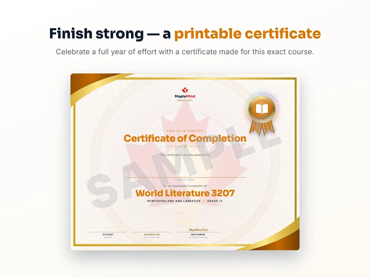 Printable certificate of completion for World Literature 3207 — end of year student award