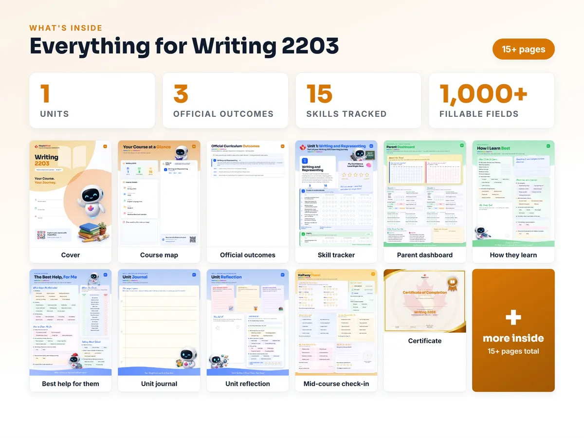 What's inside the Writing 2203 workbook — checklist, skills tracker, reflections, parent pages and certificate