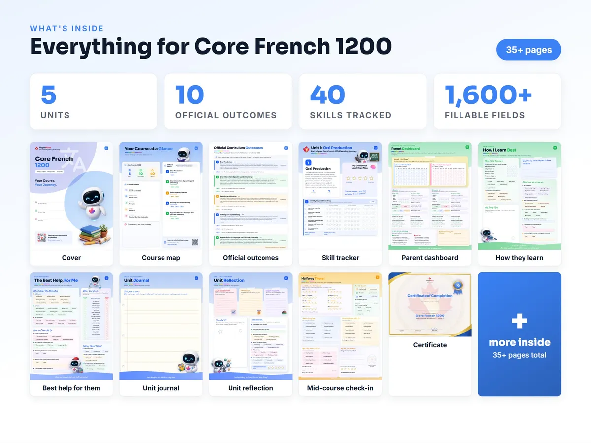 What's inside the Core French 1200 workbook — checklist, skills tracker, reflections, parent pages and certificate