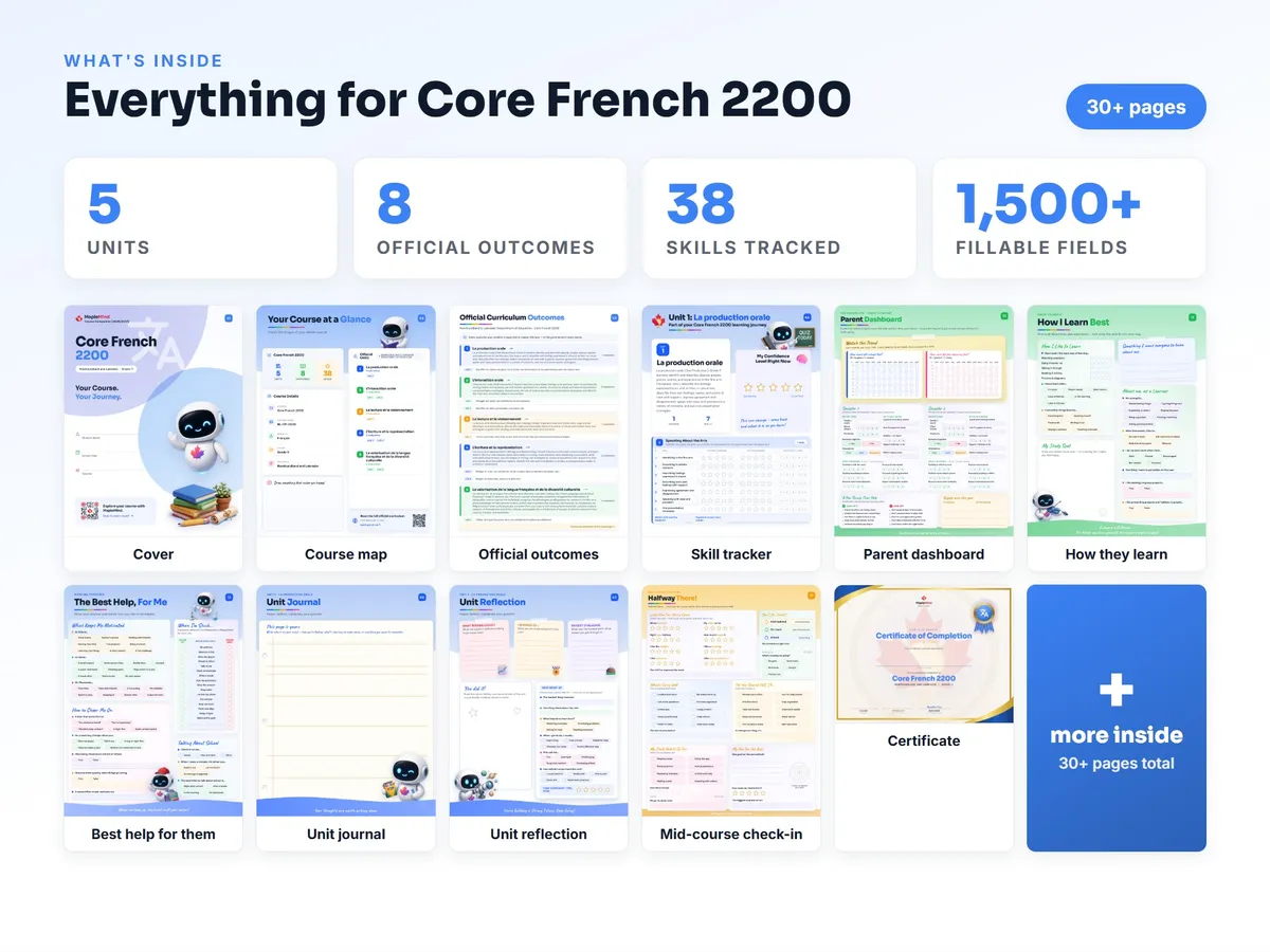 What's inside the Core French 2200 workbook — checklist, skills tracker, reflections, parent pages and certificate