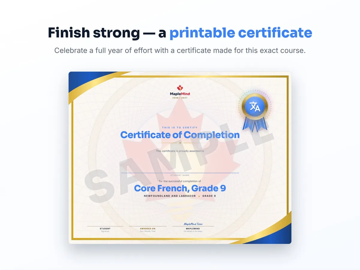 Printable certificate of completion for Core French, Grade 9 — end of year student award