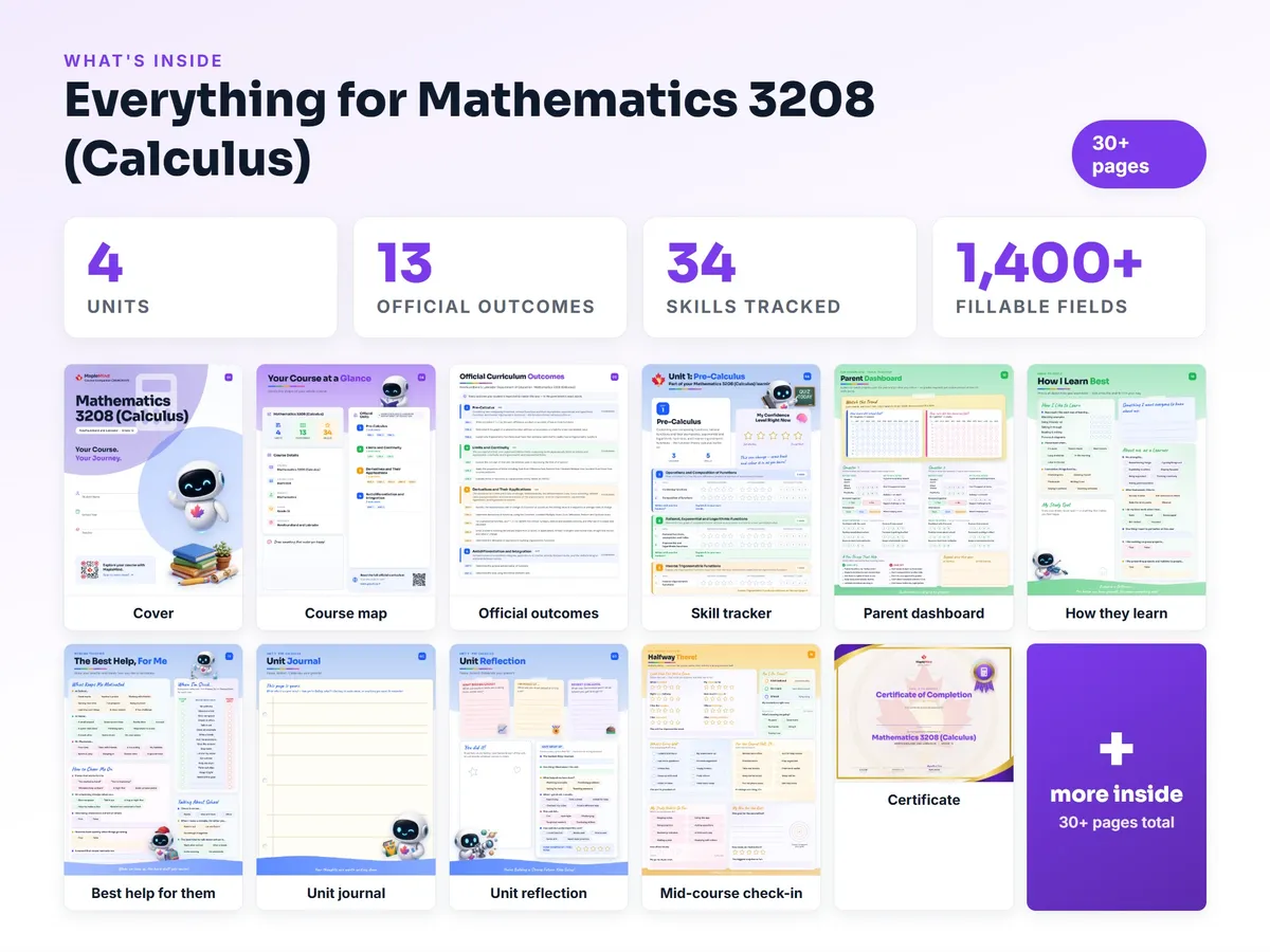 What's inside the Mathematics 3208 (Calculus) workbook — checklist, skills tracker, reflections, parent pages and certificate
