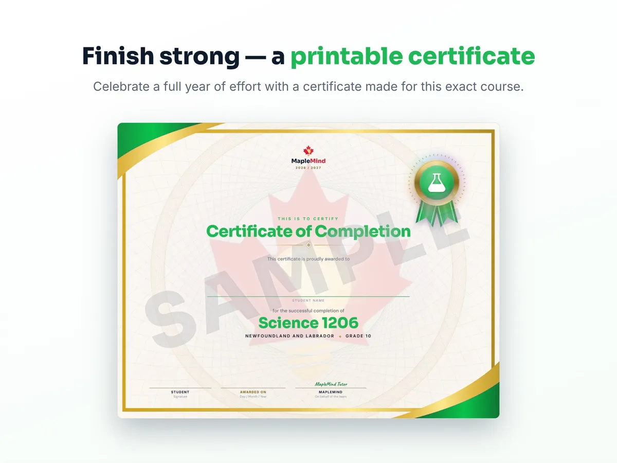 Printable certificate of completion for Science 1206 — end of year student award